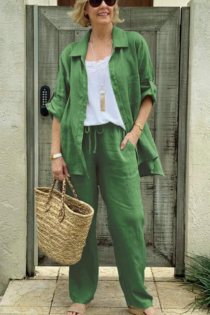 Women's Set with Shirt and Pants – Linen – Relaxed Fit – Buttons – Drawstring
