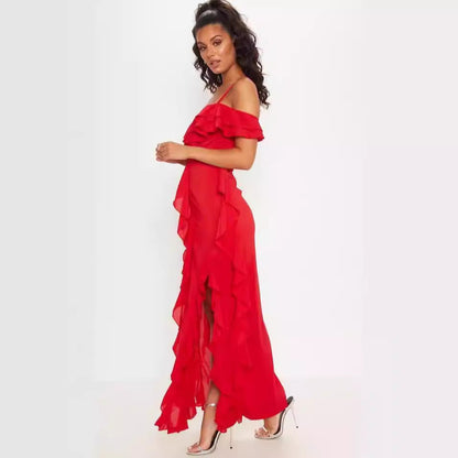 Dress for Women – Long Chiffon Dress – Slim Fit – Off-shoulder with Ruffles