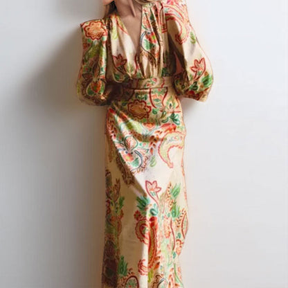 Dress for Women – A-line – V-neck – Long Sleeves – Elegant Paisley Pattern