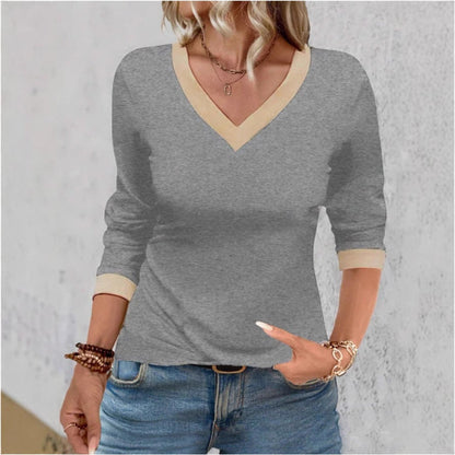 Women's T-shirt – V-neck – Relaxed fit – Soft knit – 3/4 sleeves – Minimalist design
