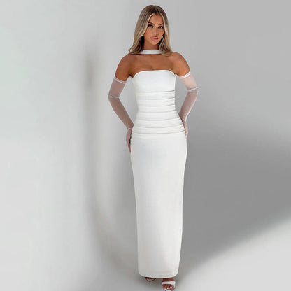 Dress woman – strapless evening dress – slim fit – mesh sleeves and scarf – full length