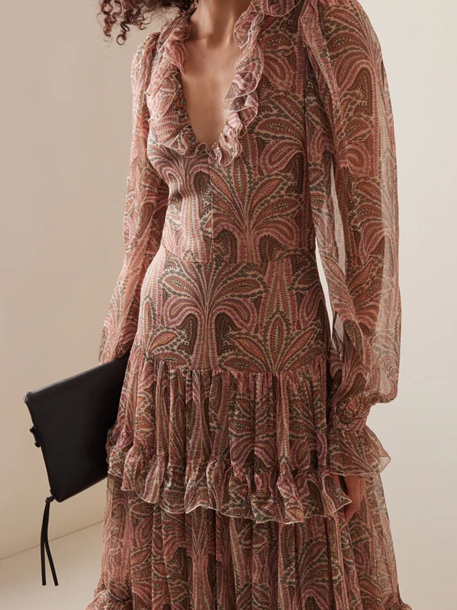 Dress woman – Bohemian style – Chiffon – Ruffles – V-neck – Wide sleeves – Long model