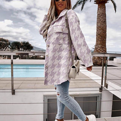 Women's Jacket – Oversize Fit – Cotton Feel – Houndstooth – Button Front – Chest Pockets