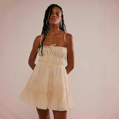 Dress woman – Mini dress – Smock bodice – Spaghetti straps – Ruffle edge – Loose fit