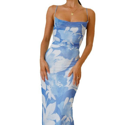Kjole for dame – Bodycon passform – Spaghettistropper – Print – Maksilengde