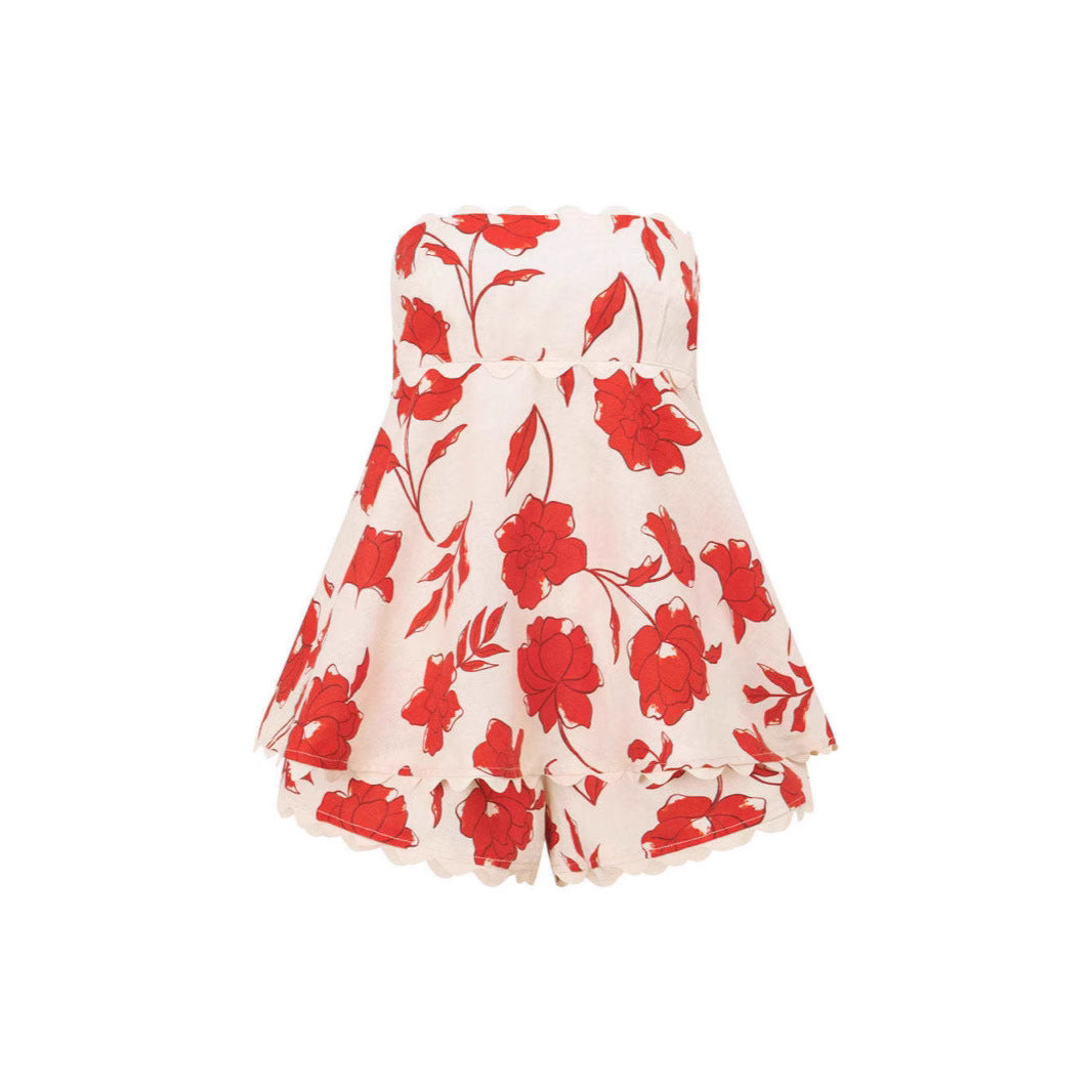 Women's Set – Linen-like Fabric – Relaxed Fit – Floral Pattern – Lace Trim