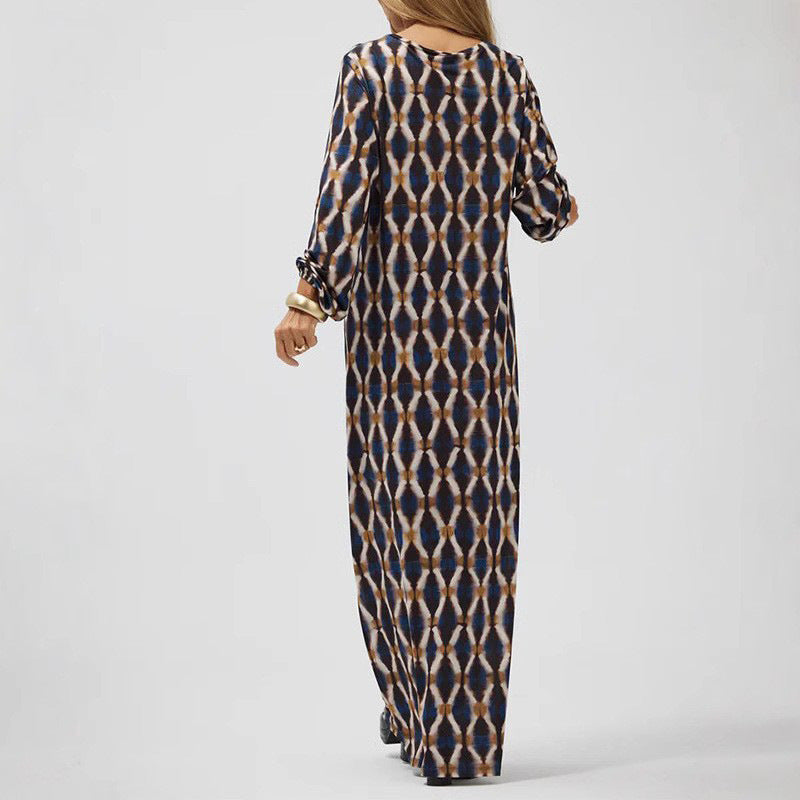 Women's Midi Dress – V-Neck with Buttons – Long-Sleeved – Loose Fit – Elegant Pattern