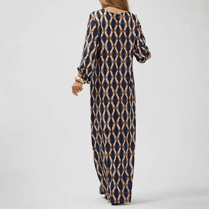 Women's Midi Dress – V-Neck with Buttons – Long-Sleeved – Loose Fit – Elegant Pattern