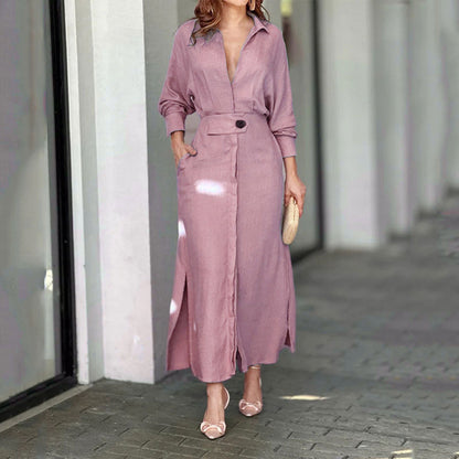 Dress for Women – Shirt Model – Linen – V-Neck – Waist Belt – Long Sleeves – Midi Length