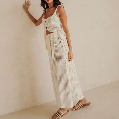 Women's Beach Set – Knitted Crop Top – Maxi Skirt with Slit and Tying