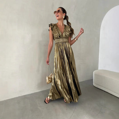 Dress for Women – A-line Fit – Satin Feel – Ruffled V-neck – Pleated Maxi Skirt