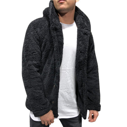 Men's Jacket with Hood – Plush Fleece – Relaxed Fit – Button Front