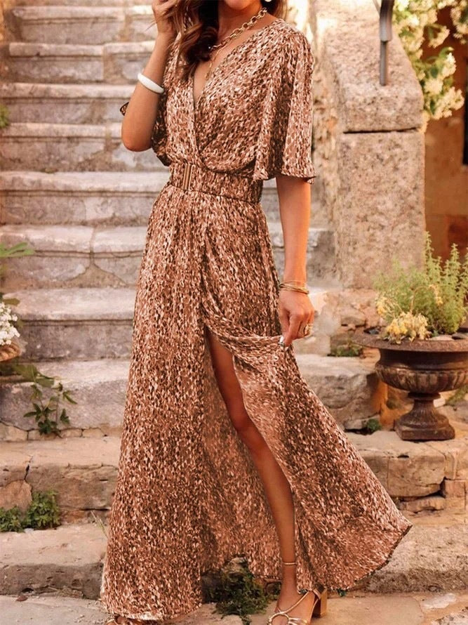 Maxi Dress for Women - Deep V-Neck - Printed Pattern - Short Sleeves - Flowing Hem