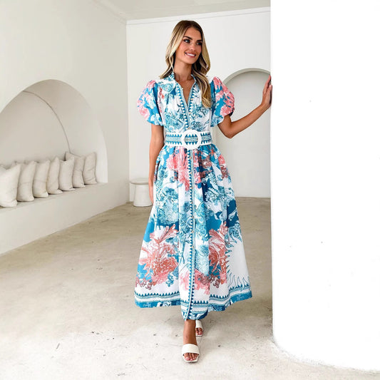 Dress woman – Ankle-length – Puff sleeves – Buttons front – A-line – Floral print
