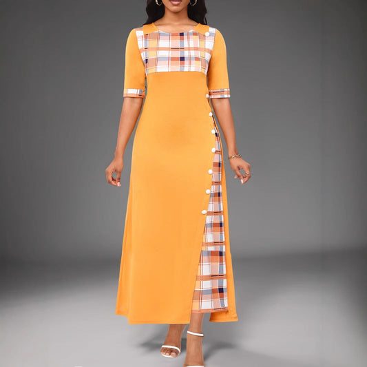 Dress woman long – Tailored fit – Round neck – Mid sleeve – Asymmetric check pattern