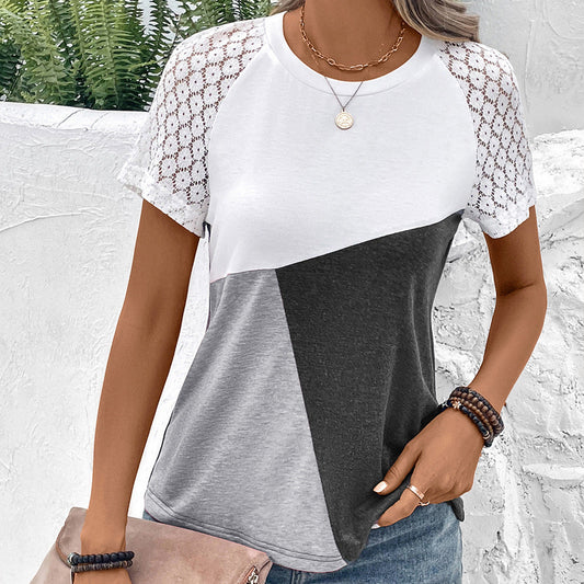 Women's T-shirt – Relaxed fit – Lace sleeves – Cotton blend – Round neck