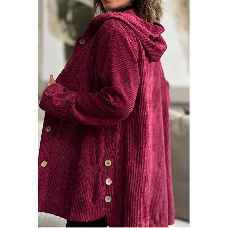 Women's Jacket with Hood – Corduroy – Relaxed Fit – Mid-Length – Everyday Use