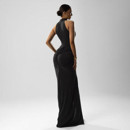 Dress for Women – Tight Fit – High Neck – Sleeveless – Ruched Midi Length