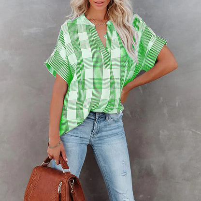 Women's Blouse – Relaxed Fit – Check Pattern – Light Cotton – Short Sleeves