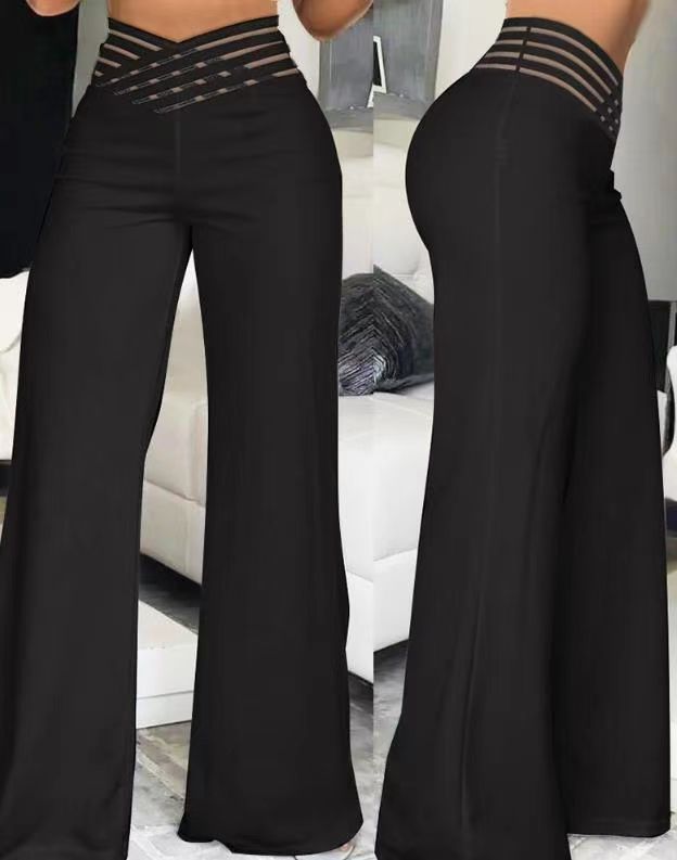 Women's Pants – High Waist – Wide Legs – Decorative Waistband – Full Length – Stretch Comfort