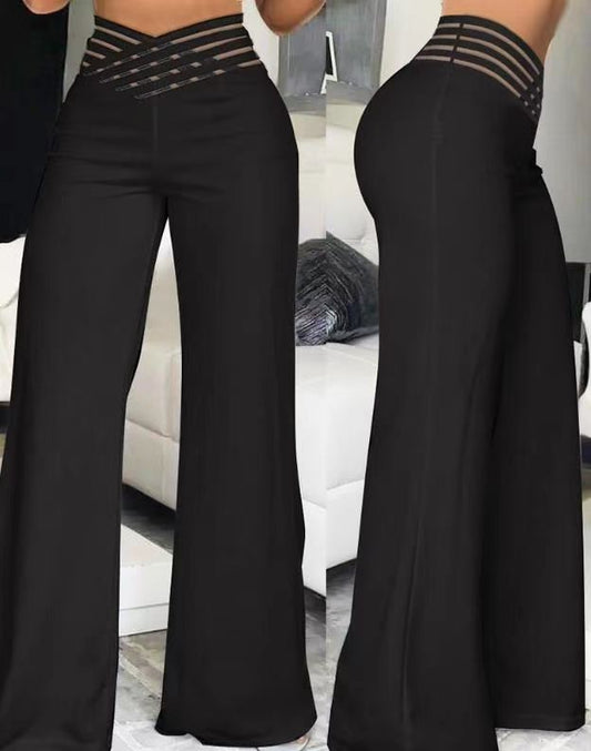 Women's Pants – High Waist – Wide Legs – Decorative Waistband – Full Length – Stretch Comfort