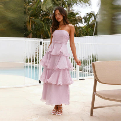 Dress woman – strapless midi dress – tight-fitting bodice – ruffle and layered skirt