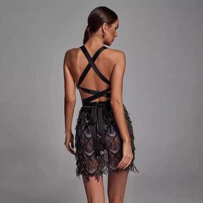Dress woman – Midi length – Tight fit – Deep V-neck – Sequins and fringes