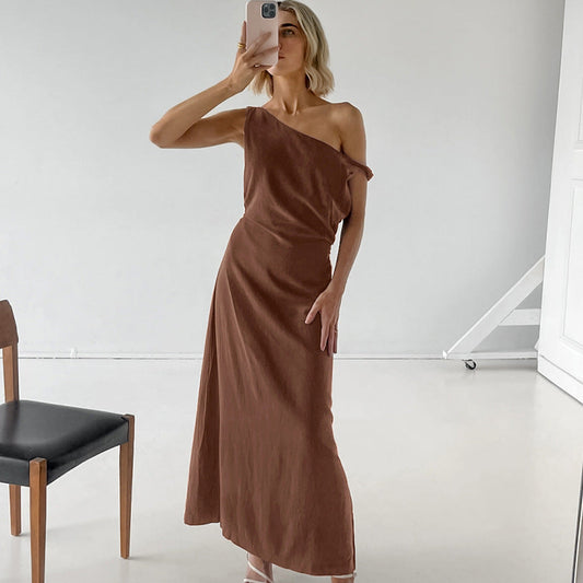 Dress for Women – One Shoulder – Slim Fit – Ankle Length – Cotton-Linen Blend