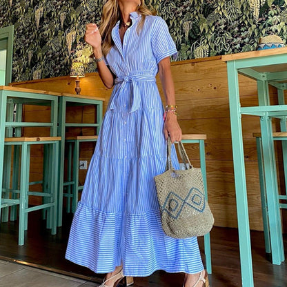 Dress woman – Midi length – Relaxed fit – Front buttons – Belt at waist