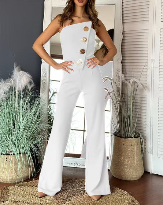 Women's jumpsuit – tailored fit – asymmetrical strapless top – flare legs
