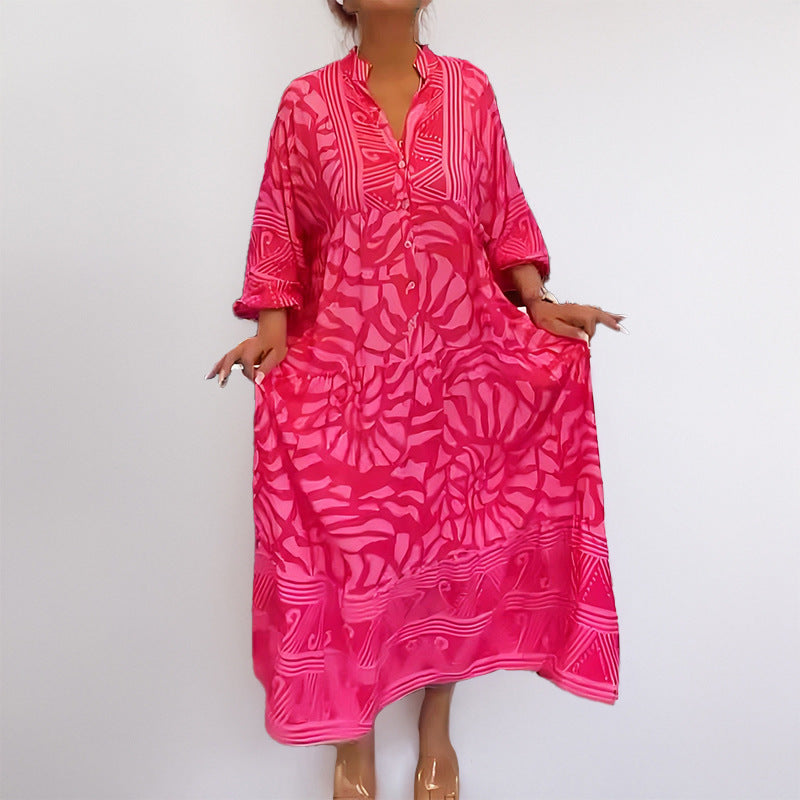Dress for Women – Midi Length – Relaxed Fit – Abstract Pattern – 3/4 Sleeves – Stand Collar – Front Buttons
