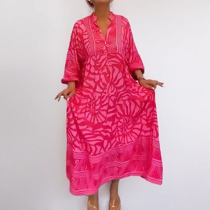Dress for Women – Midi Length – Relaxed Fit – Abstract Pattern – 3/4 Sleeves – Stand Collar – Front Buttons