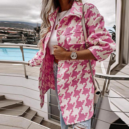 Women's Jacket – Oversize Fit – Cotton Feel – Houndstooth – Button Front – Chest Pockets