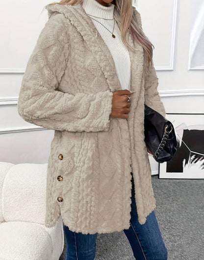Women's Cardigan with Hood – Fleece – Relaxed Fit – Buttons – Mid-length