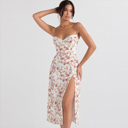 Women's Midi Dress – Tight Fit – Spaghetti Straps – Floral Print – Slit