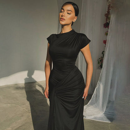 Dress woman – Floor-length – Tight fit – Draped waist – Short sleeves – Elegant