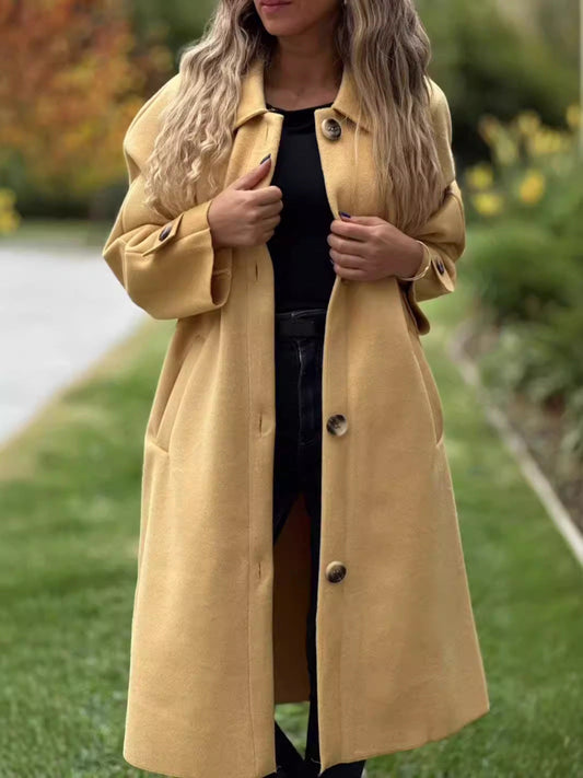 Women's Long Coat – Wool Blend – Relaxed Fit – Button Front and Collar