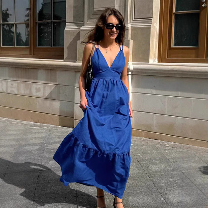 Women's Maxi Dress – Cotton Linen Blend – Sleeveless – Loose A-Line – V-Neck