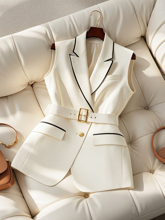 Women's blazer vest – tailored fit – waist belt – thigh-length – formal style