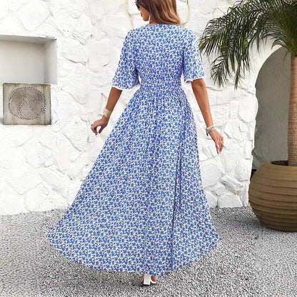 Kjole dame midi – Justerbar midje – V-hals – Blomsterprint – Kort erme – Splitt