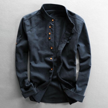 Men's Shirt – Linen – Relaxed Fit – Stand Collar – Long Sleeved with Buttons