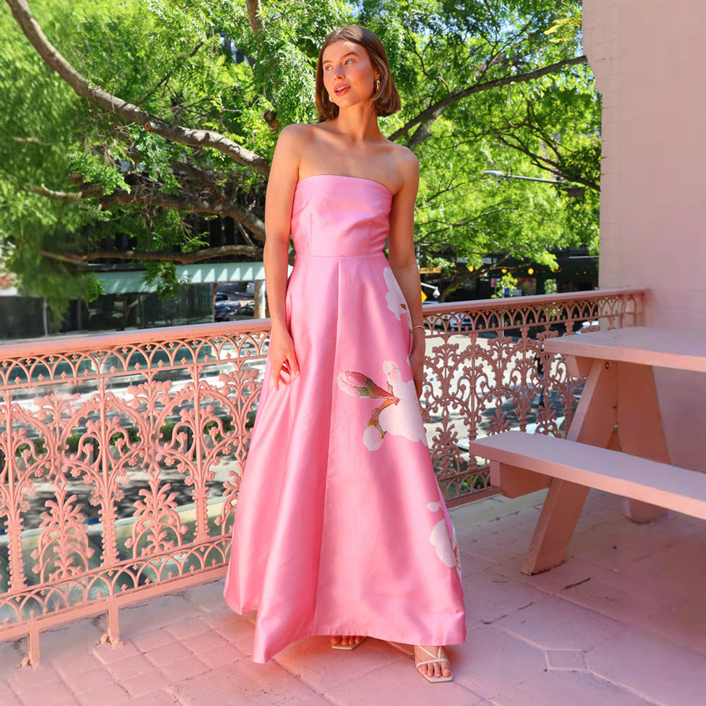 Dress for Women – Satin Evening Dress – Figure-Hugging Fit – Strapless with Floral Pattern – Floor-Length Elegance