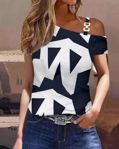 Women's Top with Short Sleeve – Relaxed Fit – One Shoulder – Cotton – Geometric Pattern