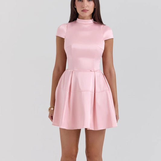 Dress for Women – Sleeveless Mini Dress – Satin-like Fabric – High Neck – Pleated A-line