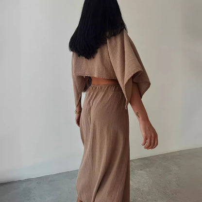 Women's Maxi Dress – Slim Fit – V-Neck – Linen-Cotton Blend – High Slit – Waist Cut-Out