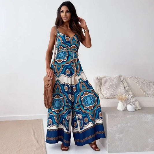 Women's Jumpsuit – V-neck – Spaghetti Straps – Wide Legs – Belt at Waist – Bohemian Style