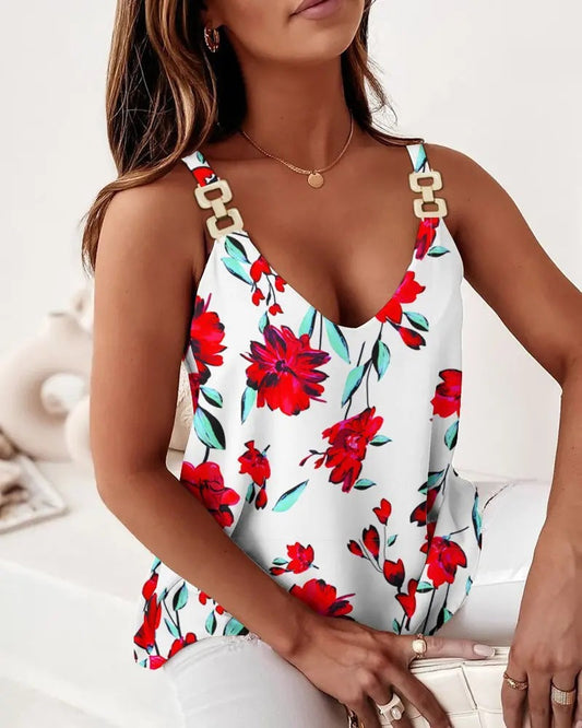 Women's Top – Relaxed Fit – V-neck – Chain Straps – Floral Print – Breathable Fabric