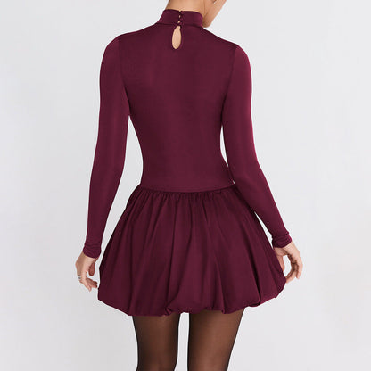 Dress woman – A-line mini dress – Slim fit – High neck – Long sleeves – Voluminous skirt