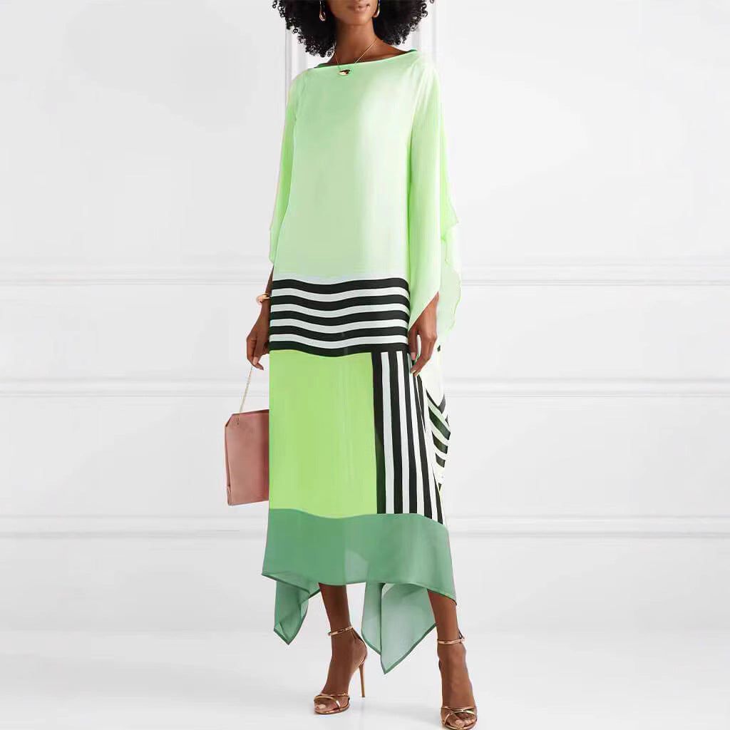 Women's Maxi Dress – One Shoulder – Loose Fit – Asymmetric Hem – Striped Panel