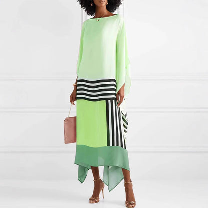 Women's Maxi Dress – One Shoulder – Loose Fit – Asymmetric Hem – Striped Panel